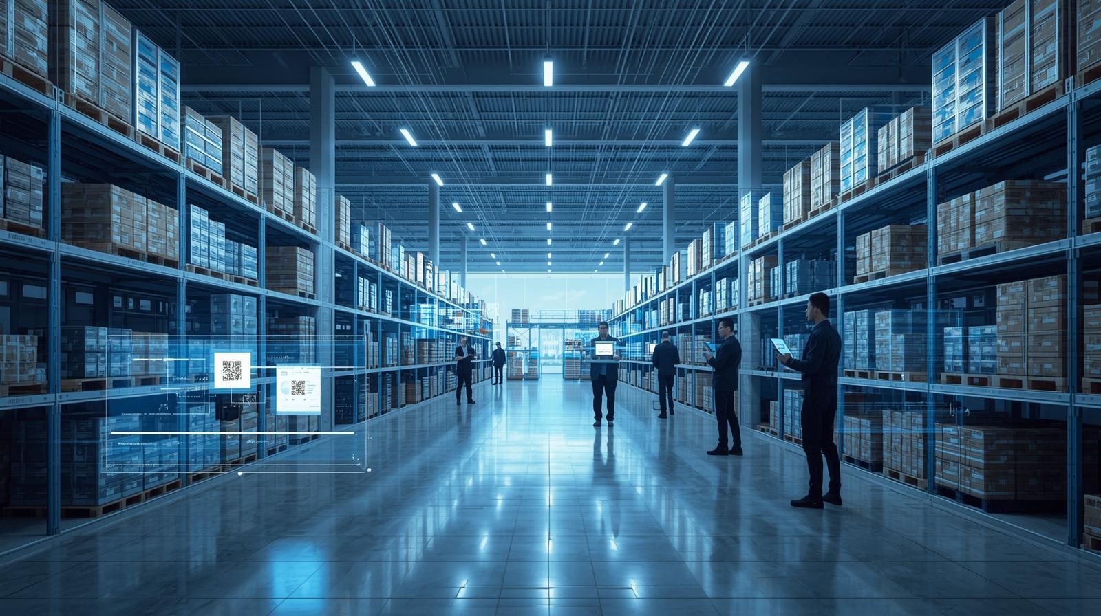 Modern warehouse with shelves of boxes, men using tablets and laptops.
